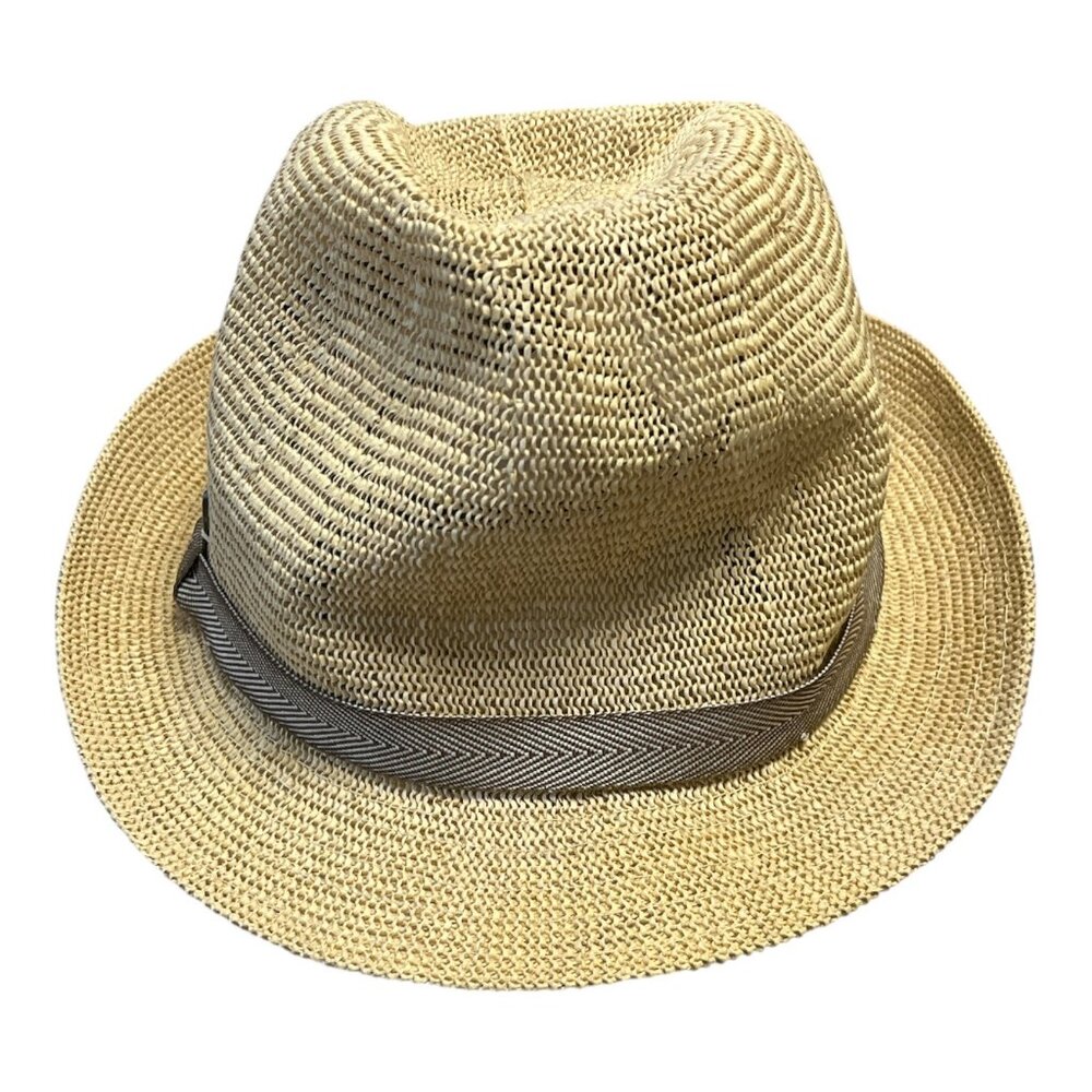 Vintage HBY Miami Straw Fedora Hat – Size L – Natural Woven with Brown Herringbo
